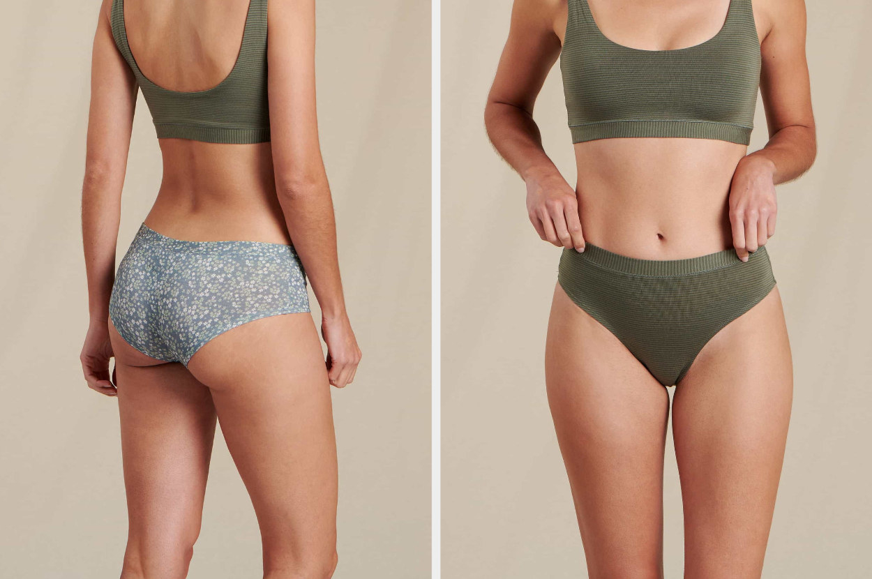 Two images of model wearing blue and green underwear