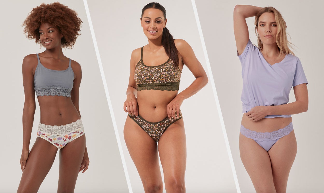 Three images of models wearing floral and solid underwear