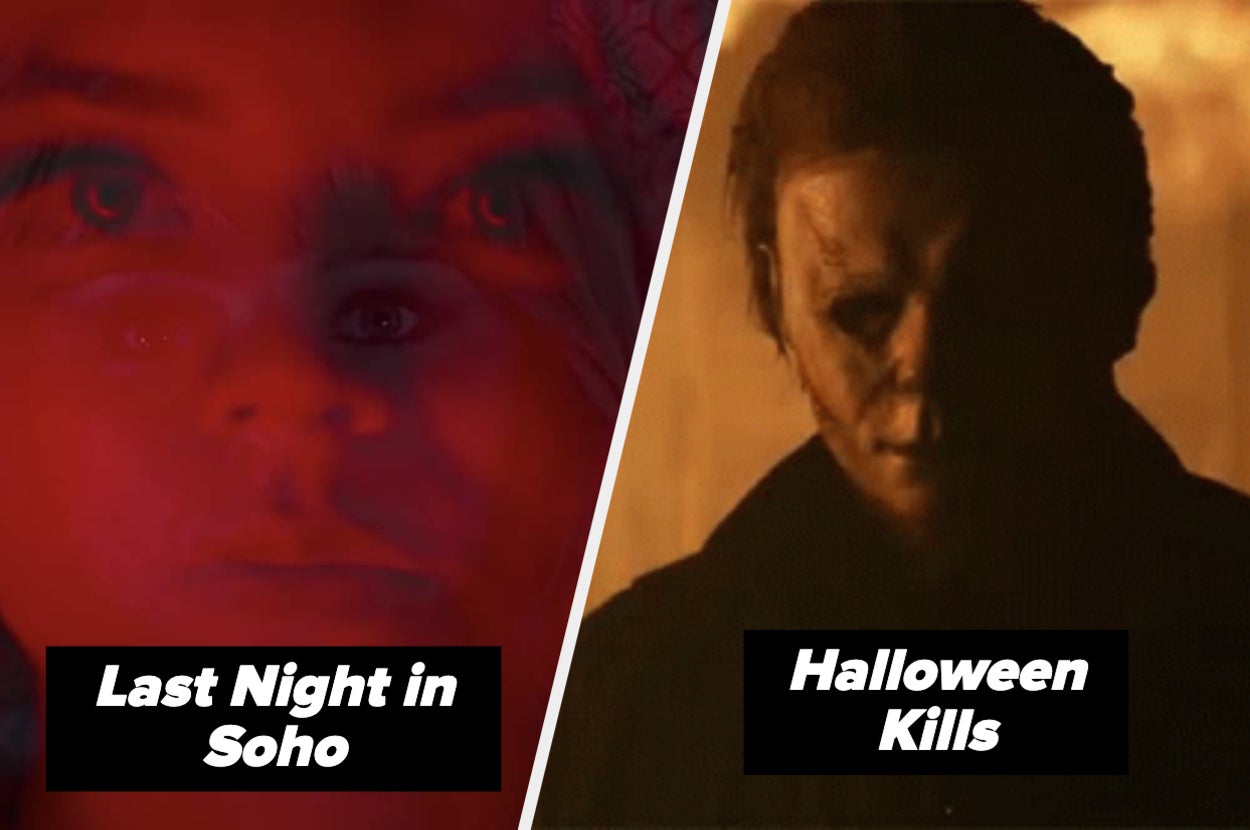 A woman's face in red light and Michael Myers in front of a fire