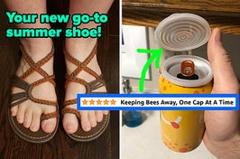 L: a reviewer wearing brown braided sandals and text reading "Your new go-to summer shoe!", R: a reviewer holding a can with a clear cover on it and a five-star review titled "Keeping bees away, one cap at a time"