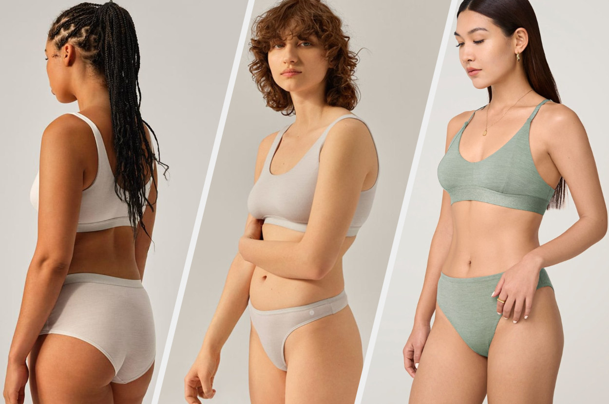 Three images of models wearing gray and green underwear