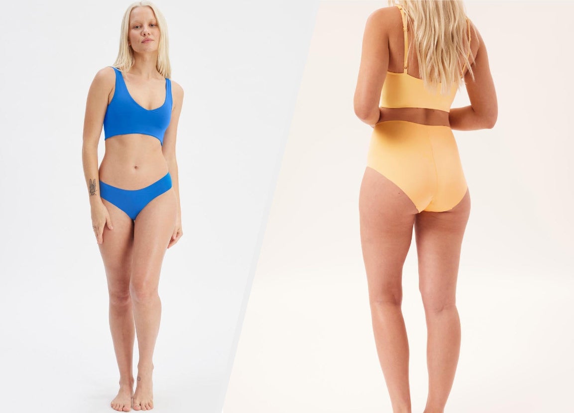 Two images of models wearing blue and yellow underwear