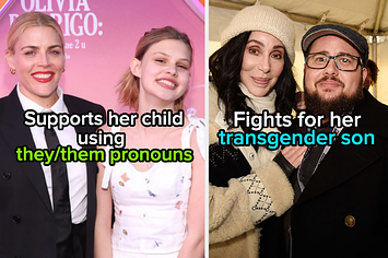 Busy Phillps wears a dark suit while their child wears a floral dress and Cher wears a fuzzy coat while Chaz Bono wears a dark coat