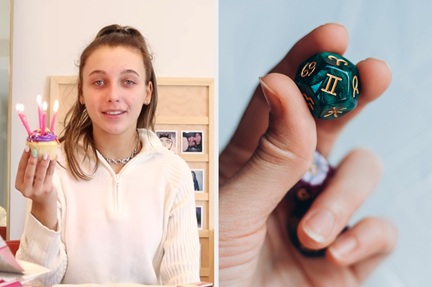 On the left, Emma Chamberlain holding a cupcake with birthday candles in it, and on the right, someone holding a zodiac cube with a Gemini symbol on top