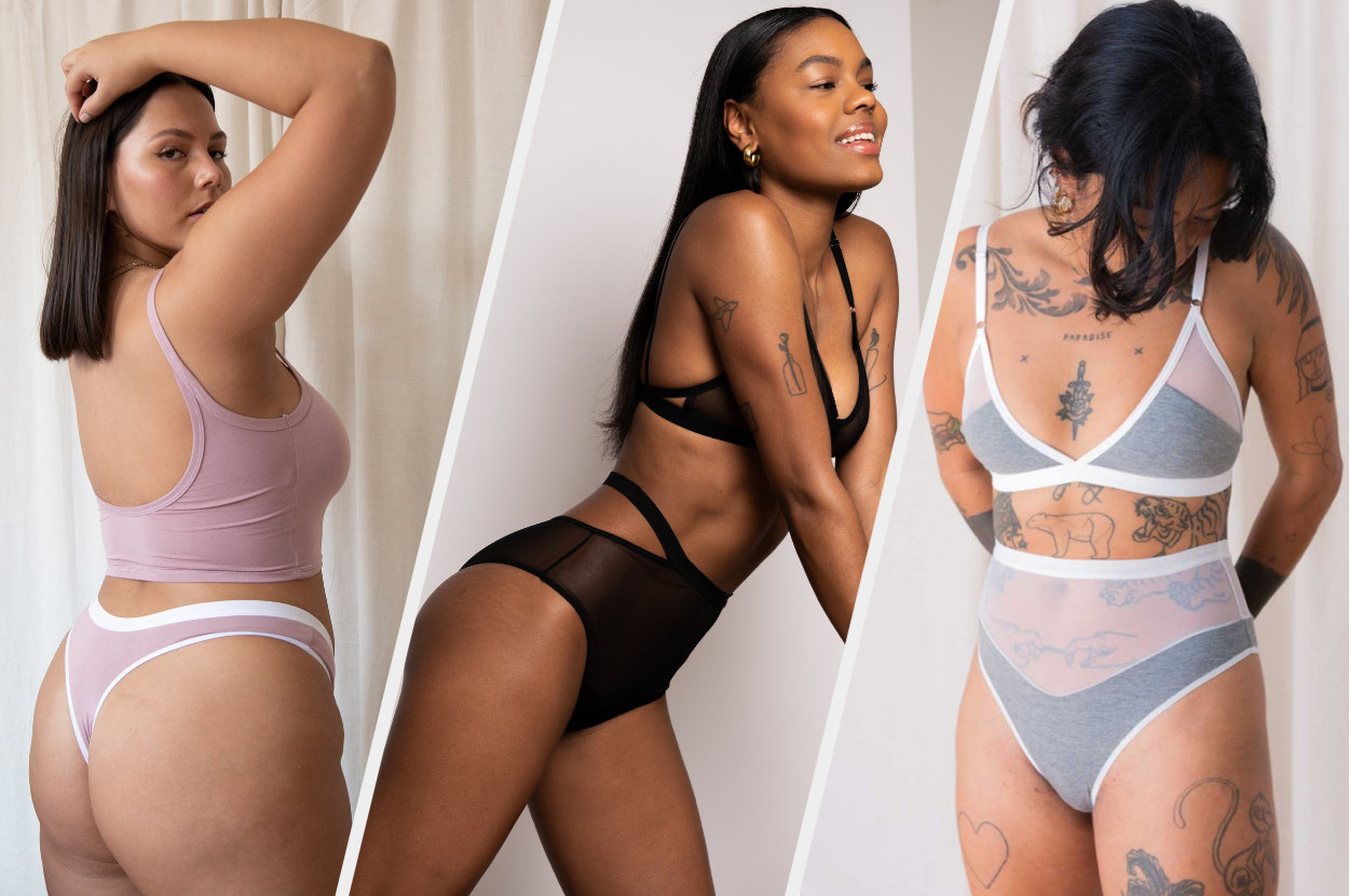 Three images of models wearing pink, black, and gray underwear