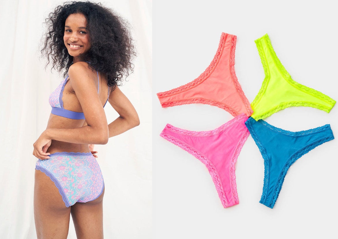 Image of model wearing purple underwear and image of orange, yellow, blue, and pink thongs