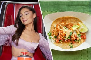Ariana Grande wears a crop top with fringe sleeves and an open face chicken taco