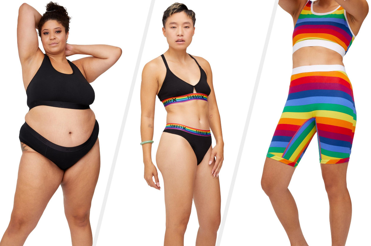 Three images of models wearing black and striped rainbow underwear
