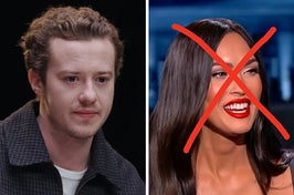 On the left, Joseph Quinn, and on the right, Megan Fox with an x drawn over her face