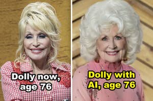 Side-by-sides of Dolly Parton at age 32, now at 76, and what she'd look like older with AI technology