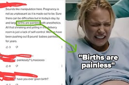 woman giving birth next to comment from man saying "Births are painless"