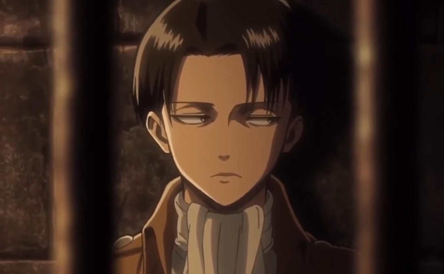 Levi Ackerman staring to the side with bars in front of him in &quot;Attack on Titan&quot;