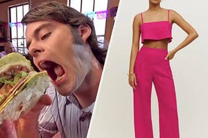 On the left, Bill Hader turning his head to bite a taco, and on the right, someone wearing high-waisted pants and a bralette top