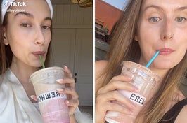 hailey bieber drinking the smoothie and me drinking the smoothie