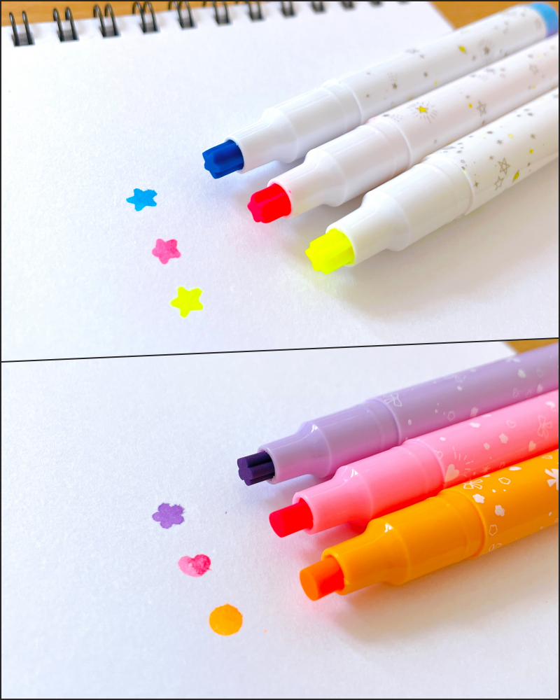 Seria（セリア）のおすすめペン「星型蛍光ペン3P」「スタンプ蛍光ペン3P」