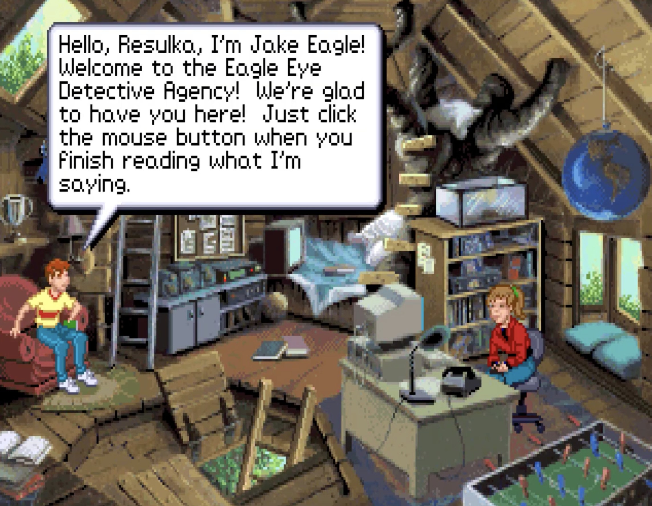 Jake and Jennifer Eagle sit in their treehouse, welcoming the player