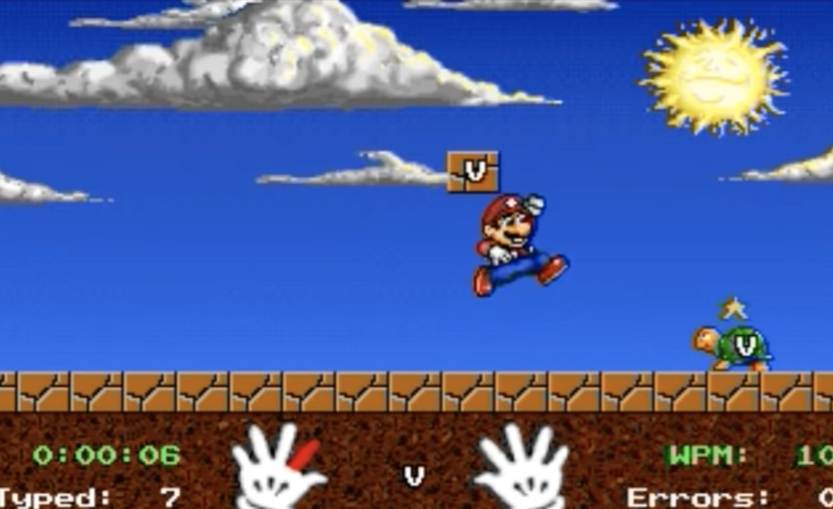 Mario jumps through a level, the player controlling him by typing the prompted letters