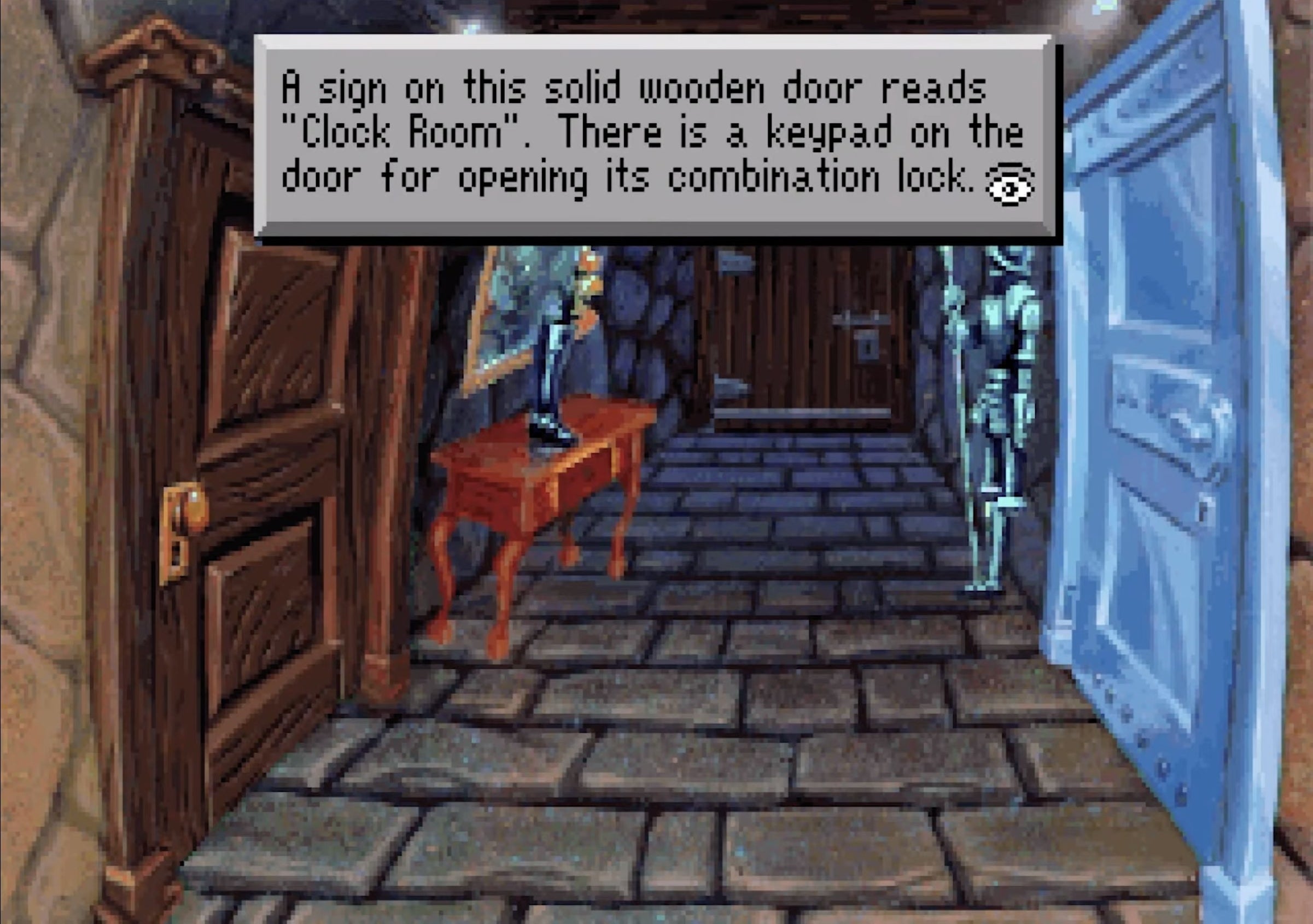 A corridor in a castle, with a sign informing the player about what is around them, such as a door with a combination lock