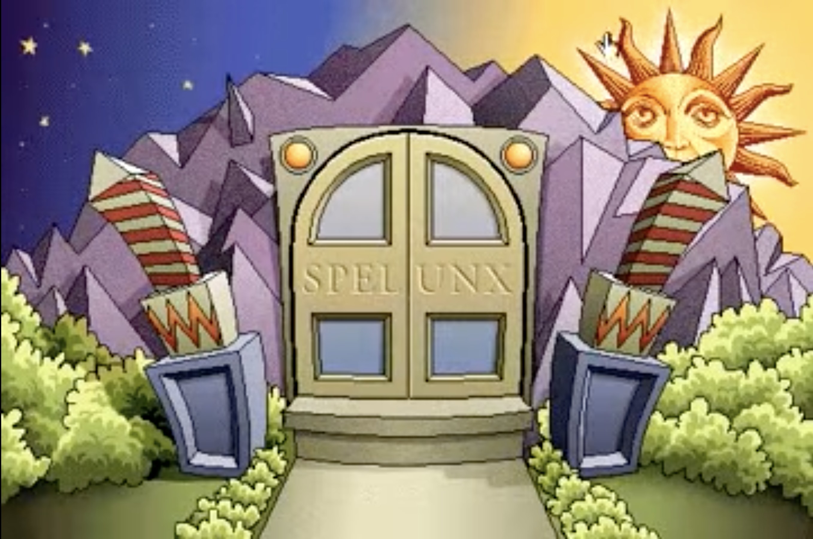 The beginning of the first level of the game, with a door on which is written Spelunx