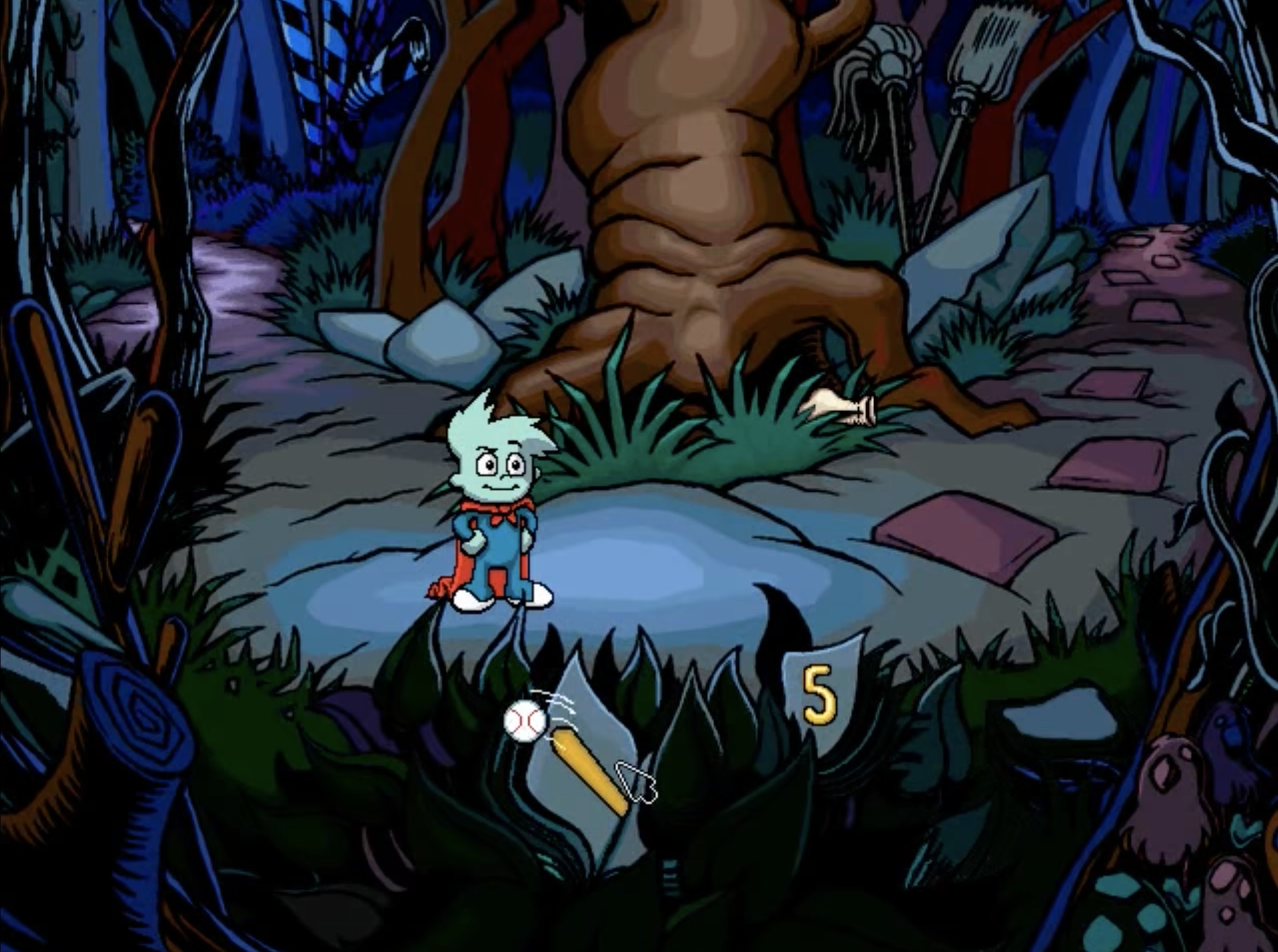 Pajama Sam stands in a creepy forest unafraid of the dark