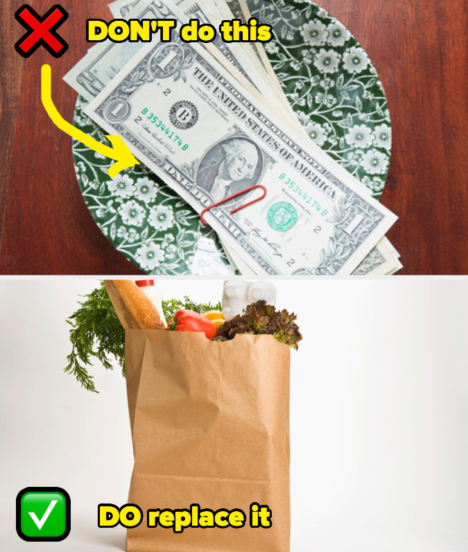 money and a bag of groceries