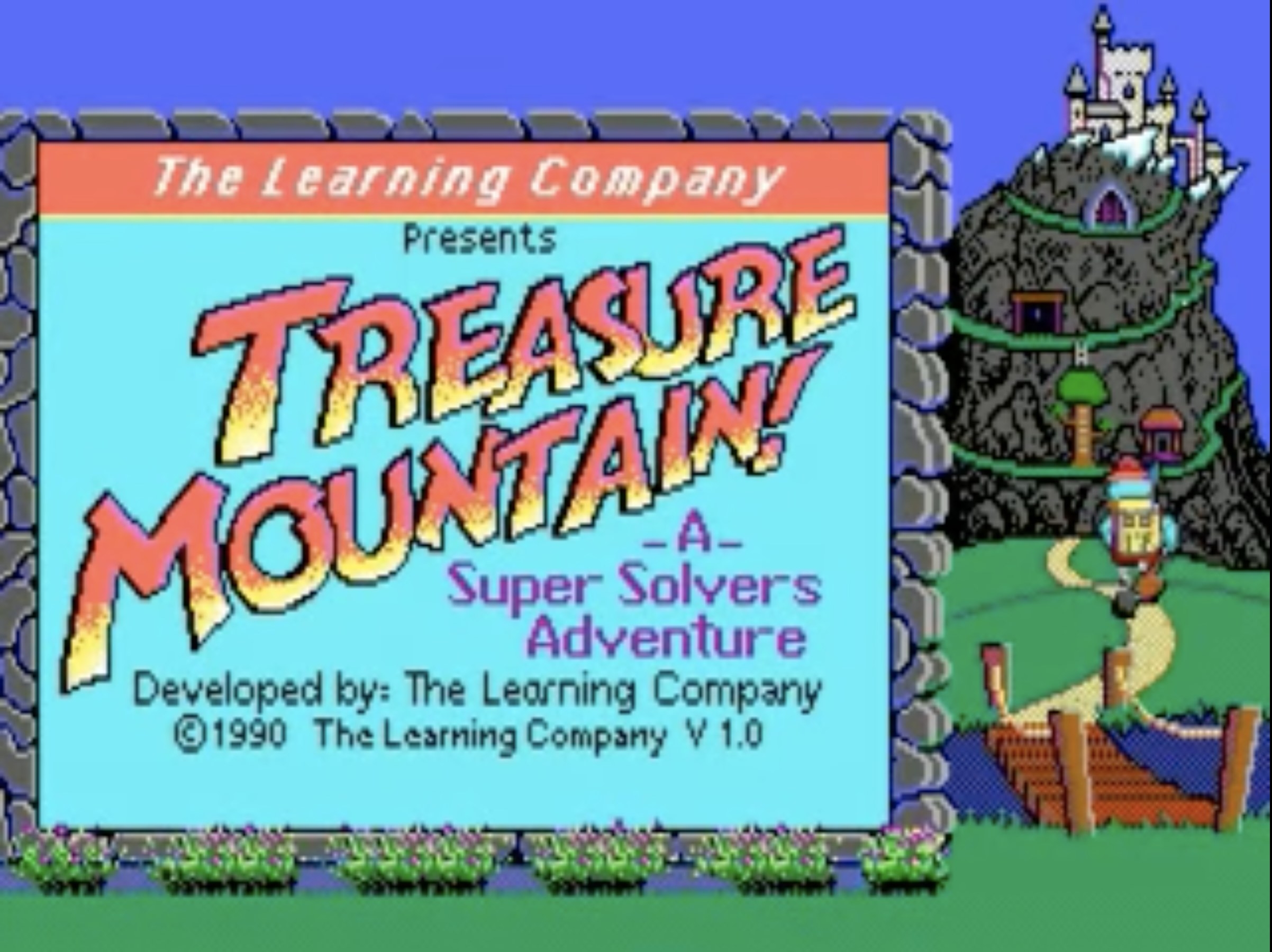 The title screen of the game, featuring the title and an adventurer waking toward the base of a mountain