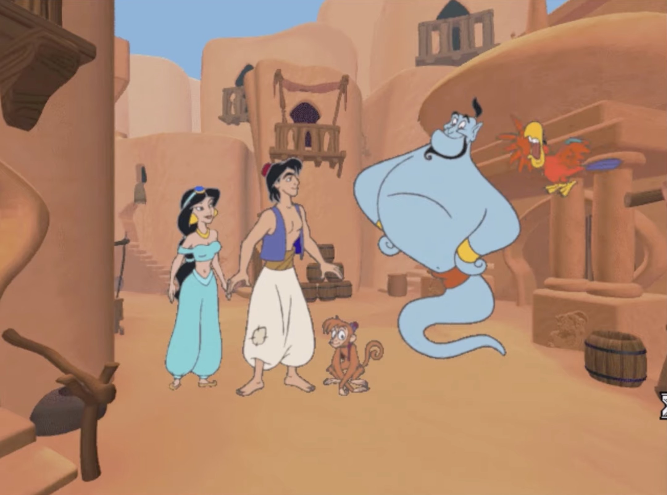 Genie and Iago talk to Aladdin, Jasmine, and Abu in the game&#x27;s intro