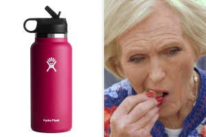On the left, a Hydro Flask, and on the right, Mary Berry crunching on a cookie on The Great British Baking Show