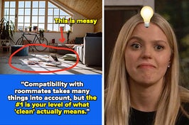 A girl thinking with a lightbulb on her head, a living room with things on the floor labeled "messy" and test about compatibility with roommates being what your level of clean is