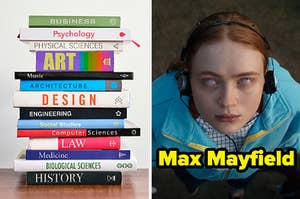 On the left, a stack of school books, and on the right, Max from Stranger Things with headphones on her ears as her eyes roll back into her head