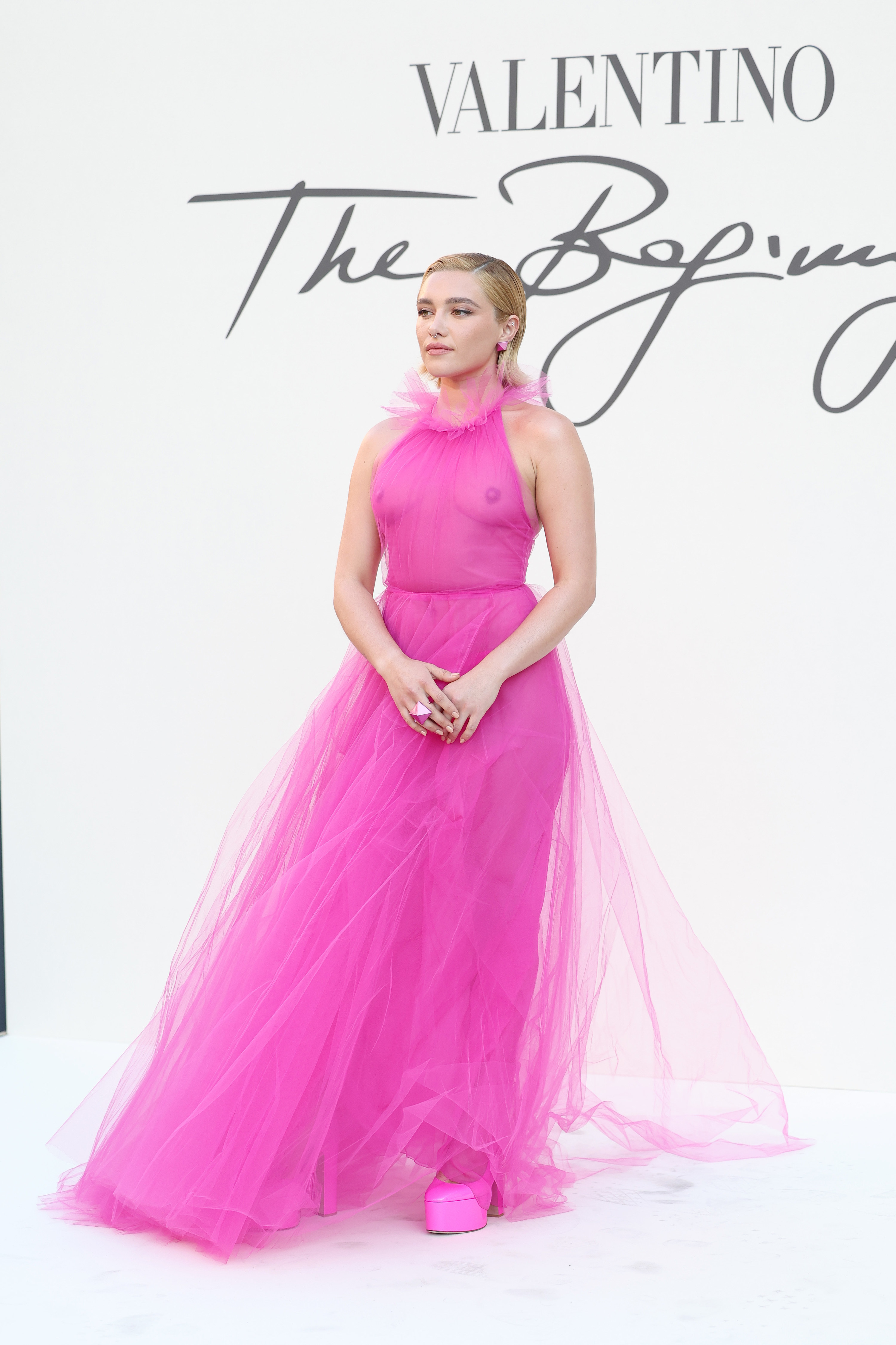 Florence Pugh wearing a sheer Valentino gown