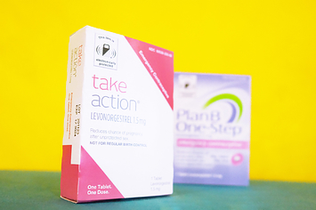 Packages of Take Action and Plan B are pictured next to one another