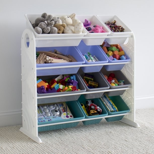 Plastic storage bins filled with toys
