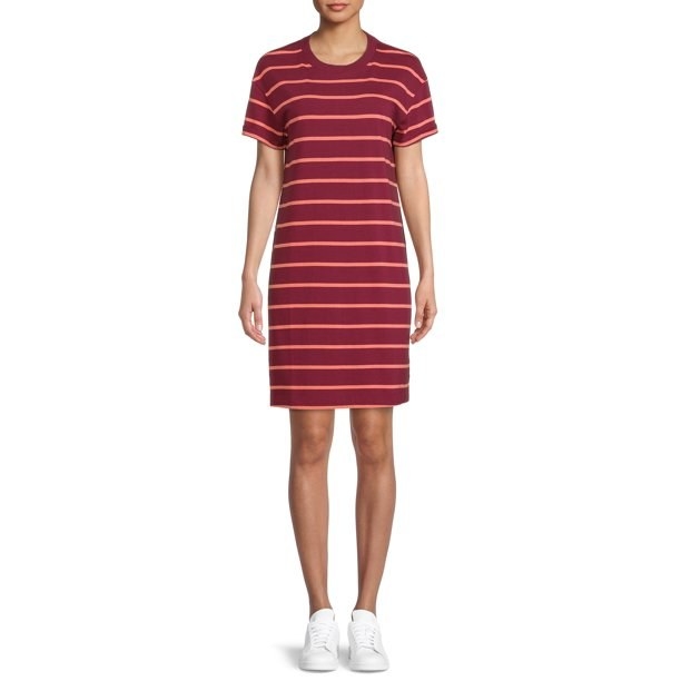 model wearing a red striped short-sleeved knit dress