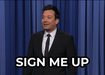 Jimmy Fallon standing in front of a curtain saying &quot;I&#x27;m in, sign me up&quot;