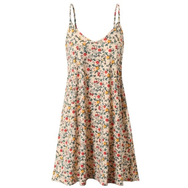 cream colored dress with spaghetti straps and floral pattern