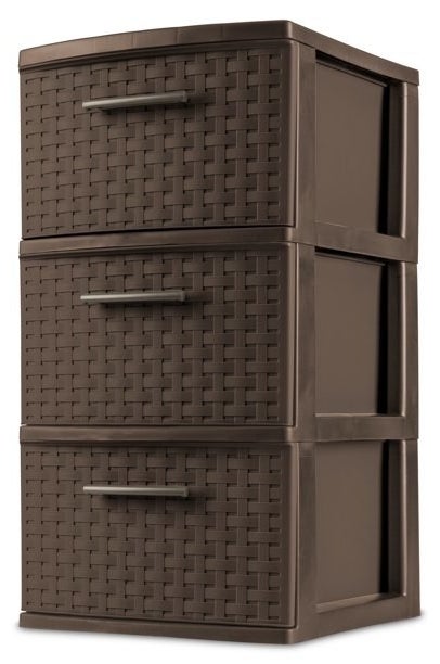 A brown three-drawer weave tower