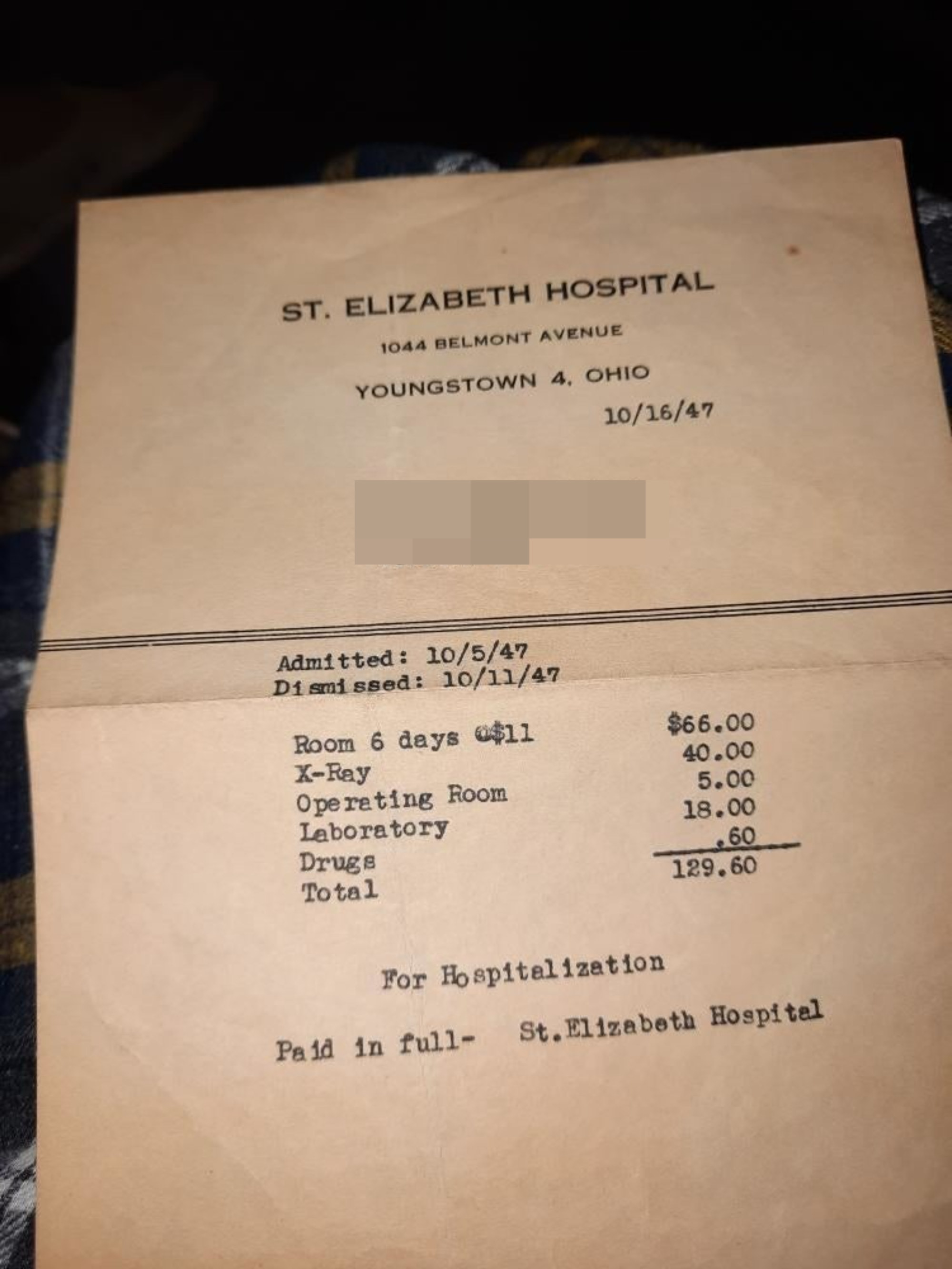 A hospital bill from 1947