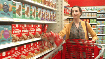 a gif of a person shopping at target and dumping everything on the shelf into their cart