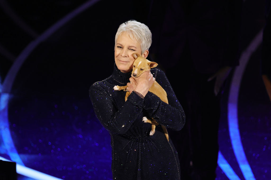 Jamie Lee Curtis holding a dog