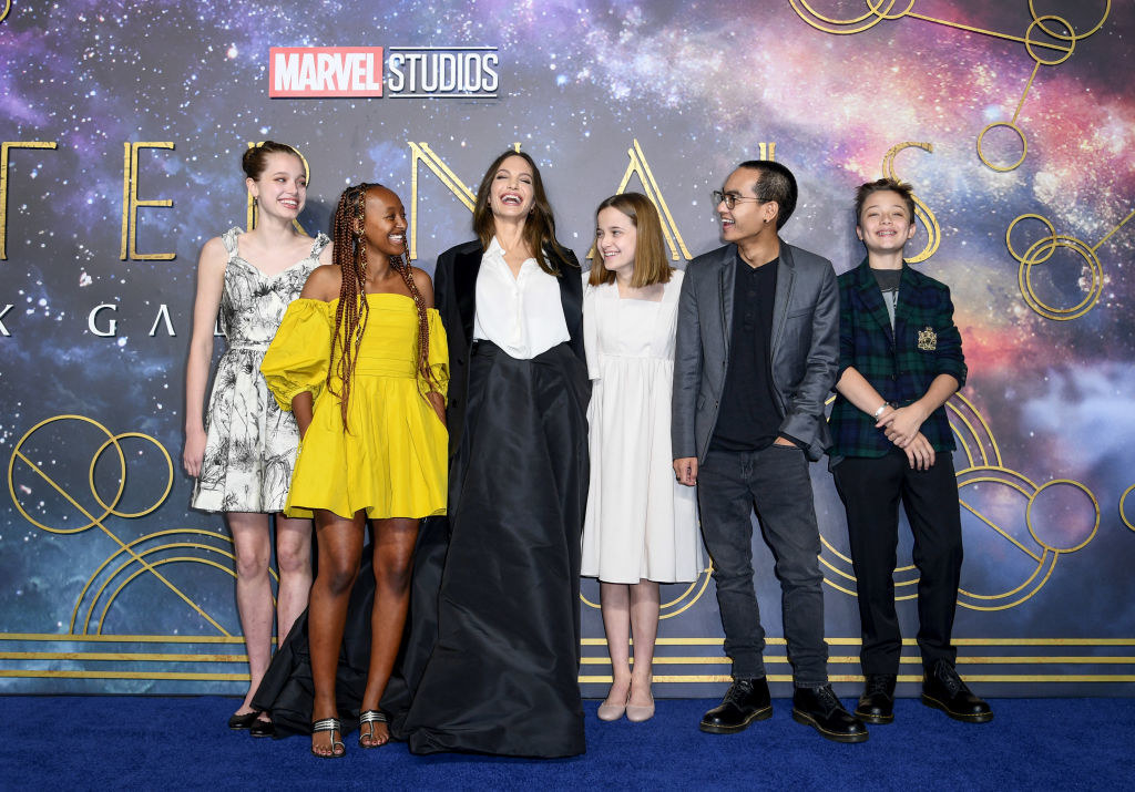 Shiloh Jolie-Pitt, Zahara Jolie-Pitt, Angelina Jolie, Vivienne Jolie-Pitt, Maddox Jolie-Pitt and Knox Jolie-Pitt attending the UK Gala screening of Marvel Studios&#x27; &quot;Eternals&quot;