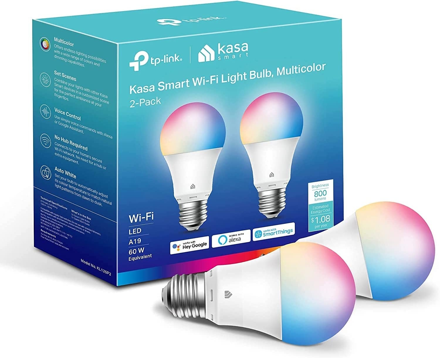 a pair of smart light bulbs next to their packaging