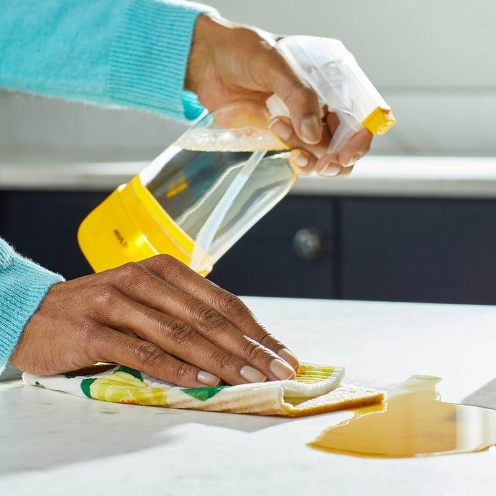 A person uses the dish cloth to wipe up a mess