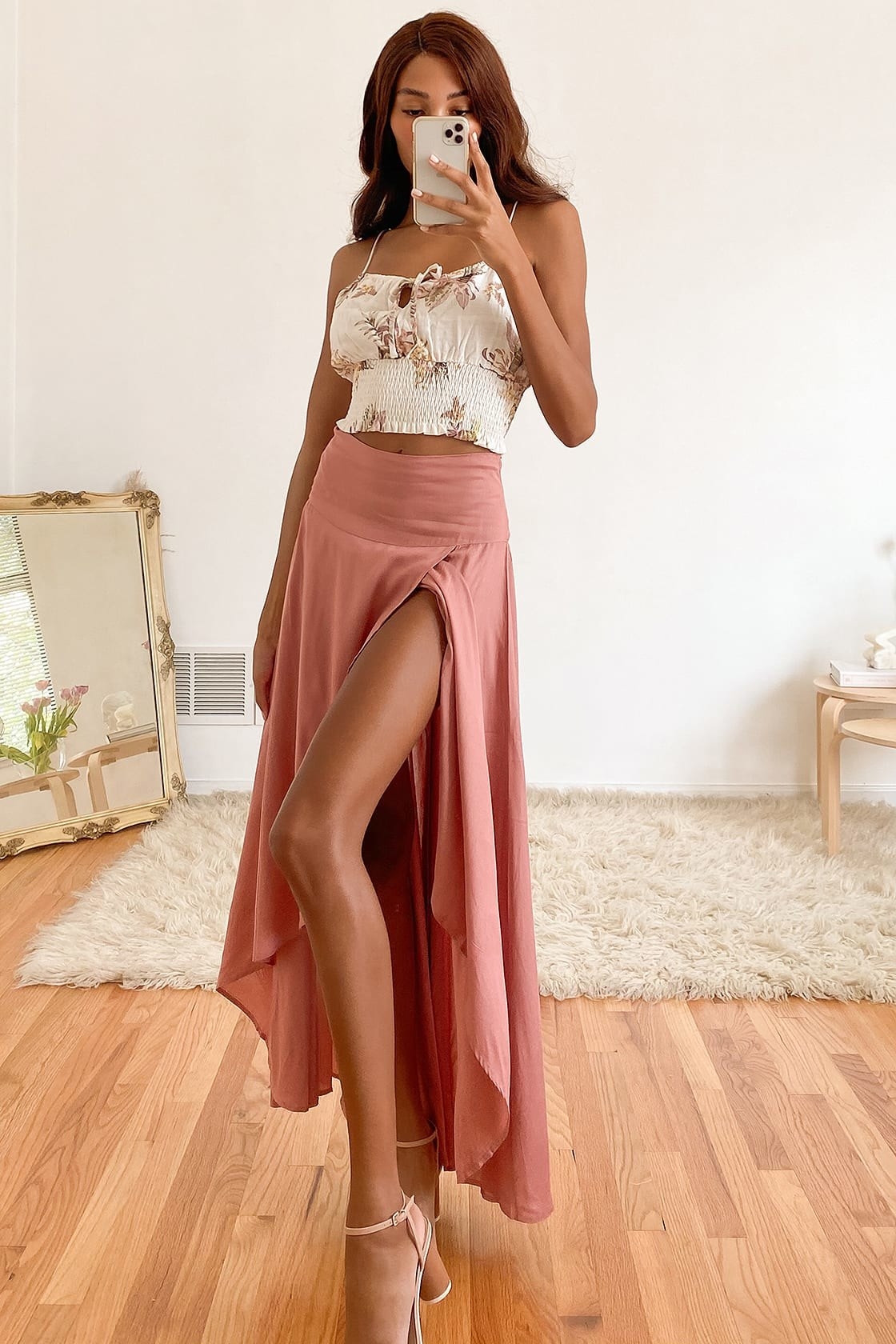 a model wearing this skirt in dusty rose