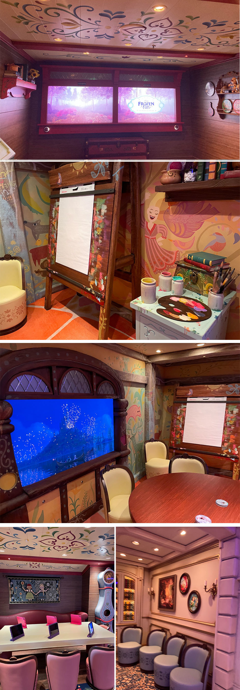the room with plush seating, drawing easels and paints, and large screens