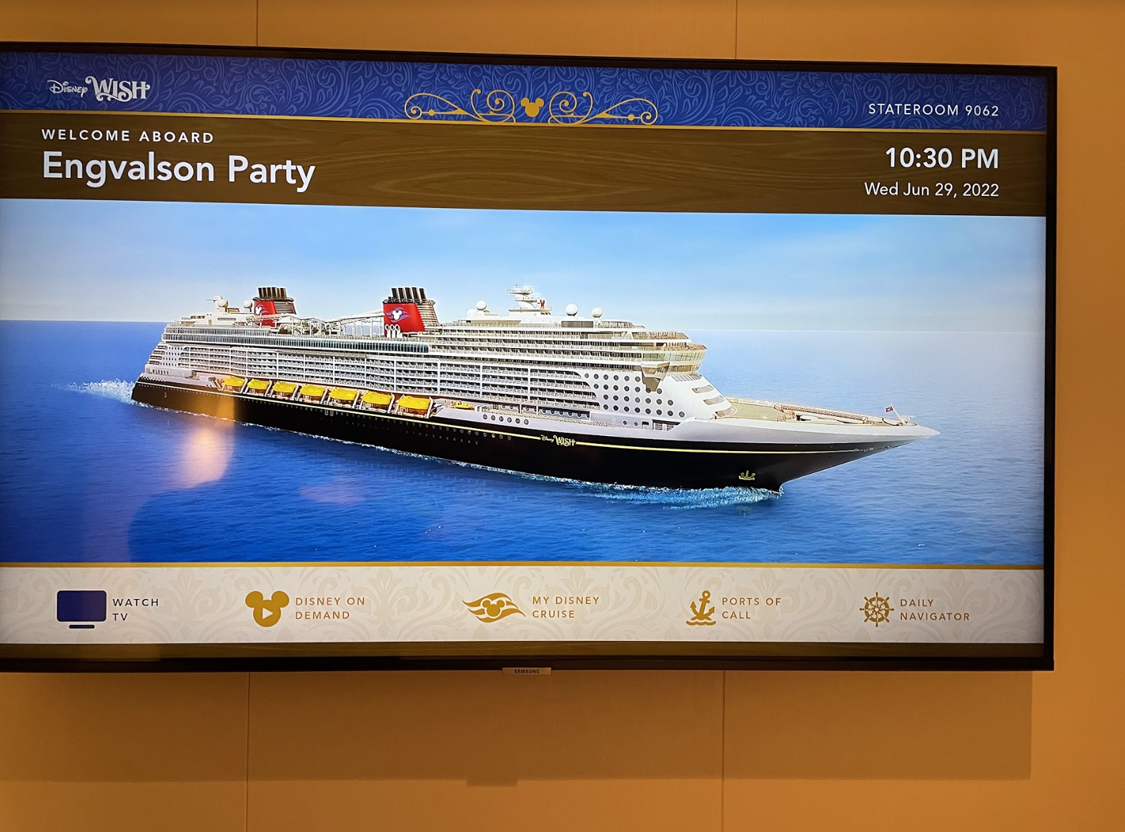 screen with the welcome aboard screen showing the ship