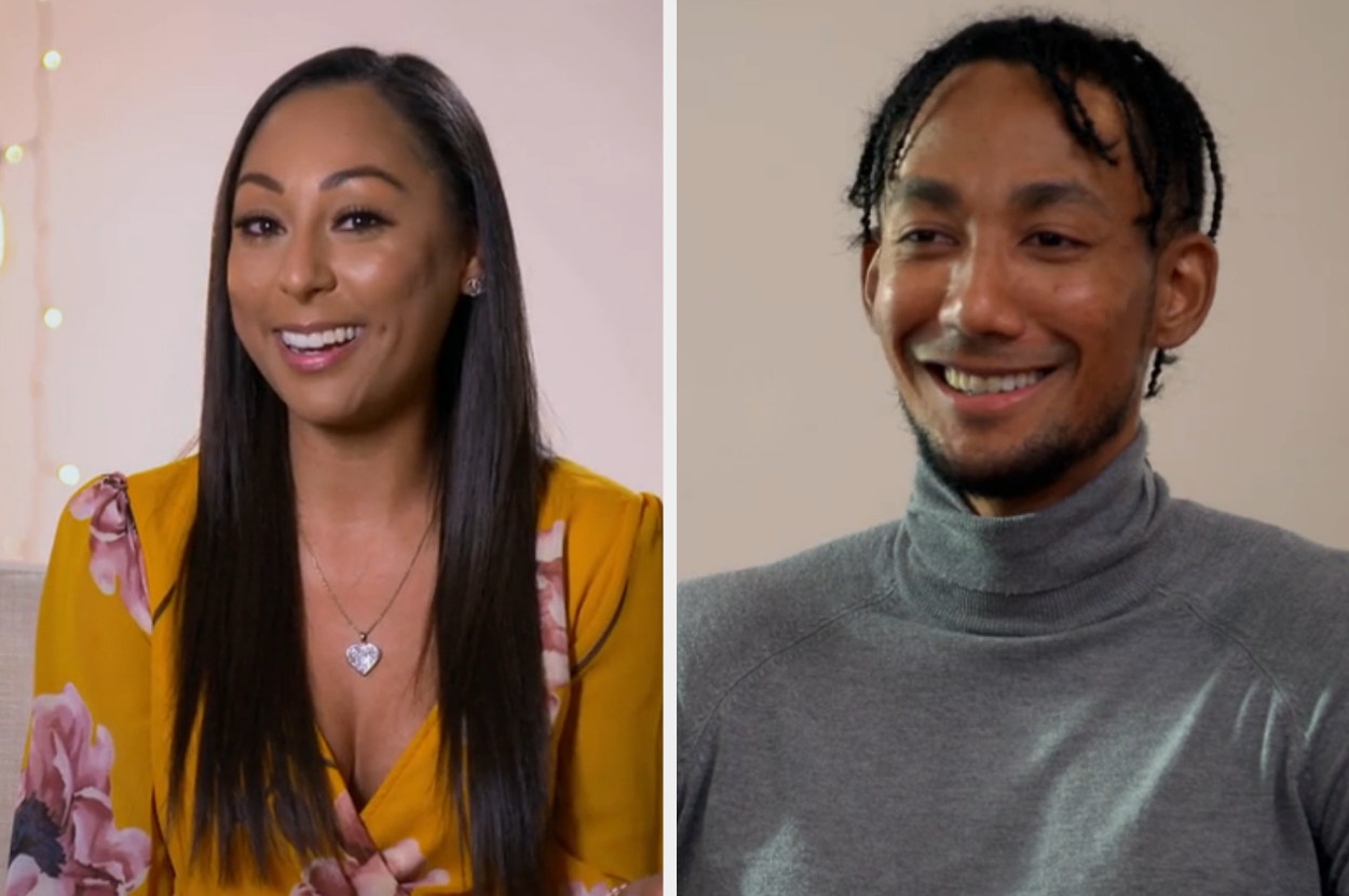 Stacia smiles during a &quot;Married at First Sight&quot; confessional, Nate smiles while talking with friends
