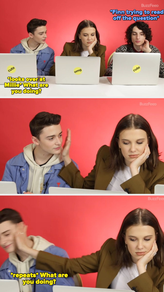 millie shoving noah&#x27;s face away as he keeps asking what she&#x27;s doing