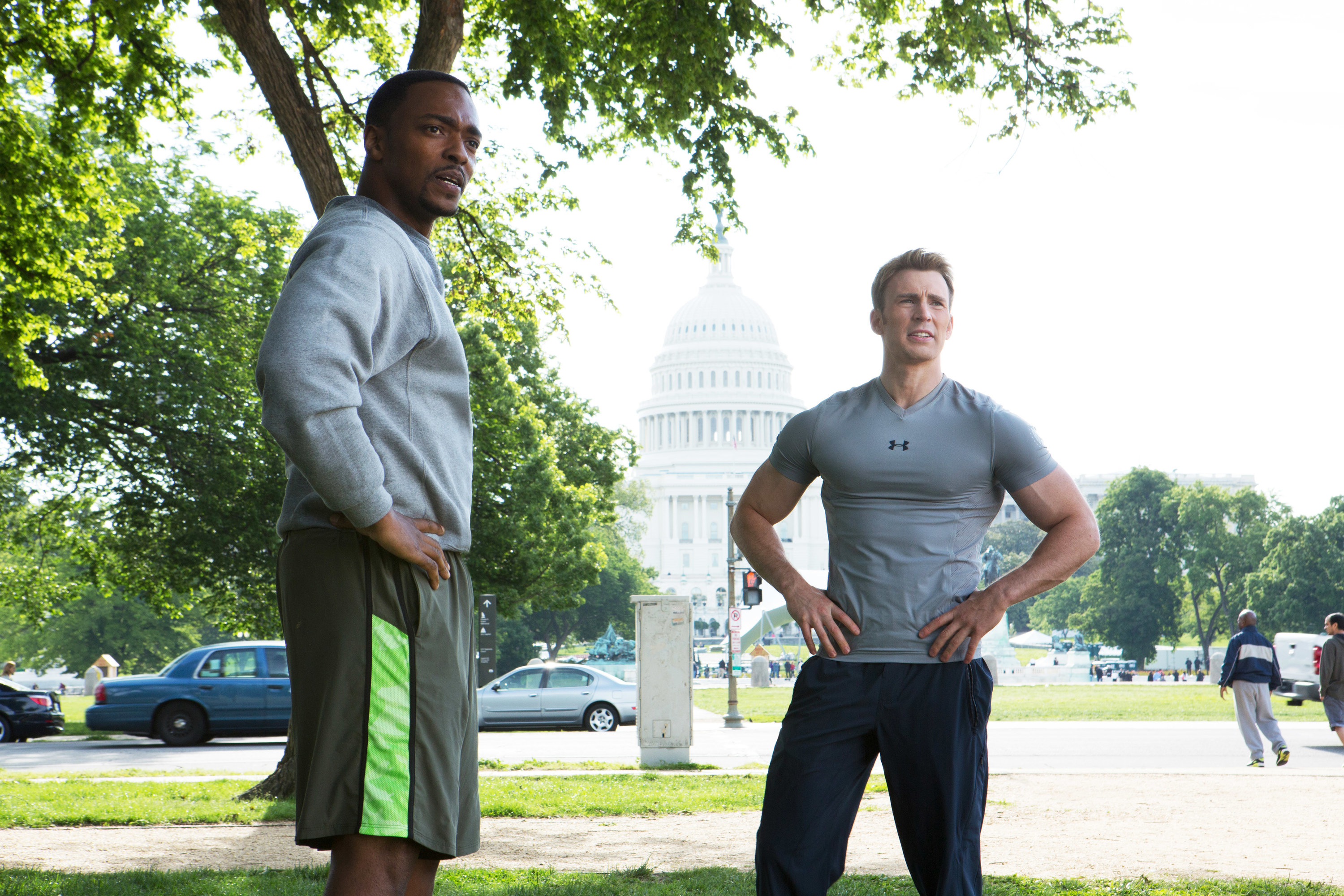 Chris and Anthony wear workout clothing in a photo from the movie