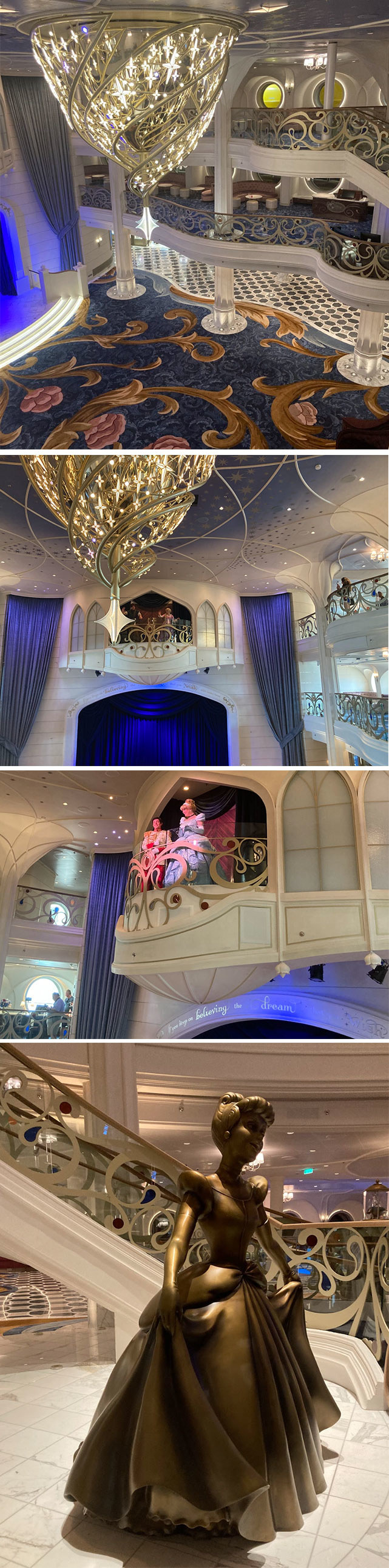 cinderella statue and the chandelier hanging above